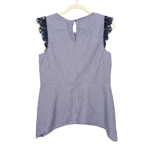 CAbi Blue and White Striped Blouse with Navy Lace Sleeves - Picture 2 of 4